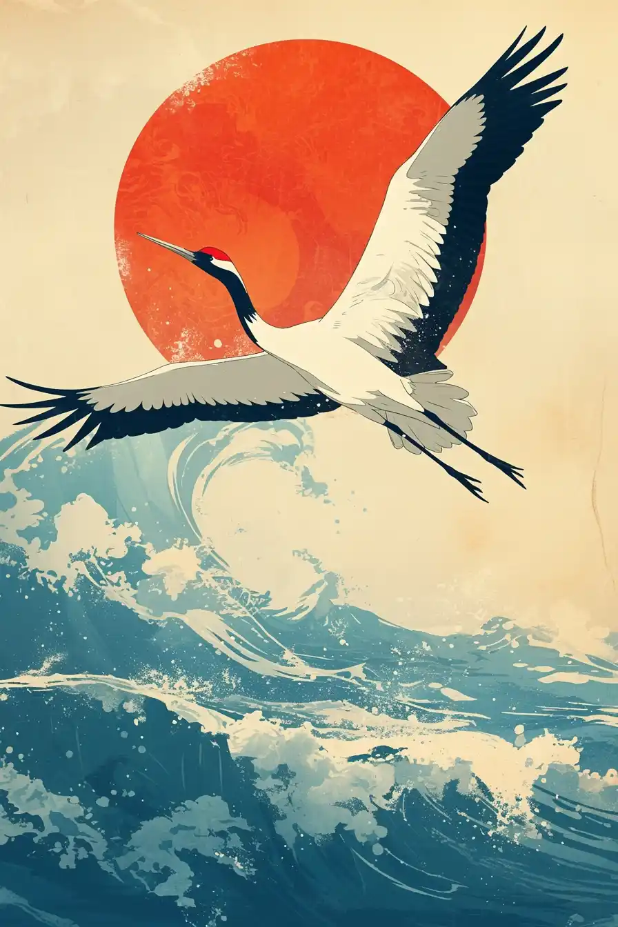 Japanese Crane Sea Sun Poster