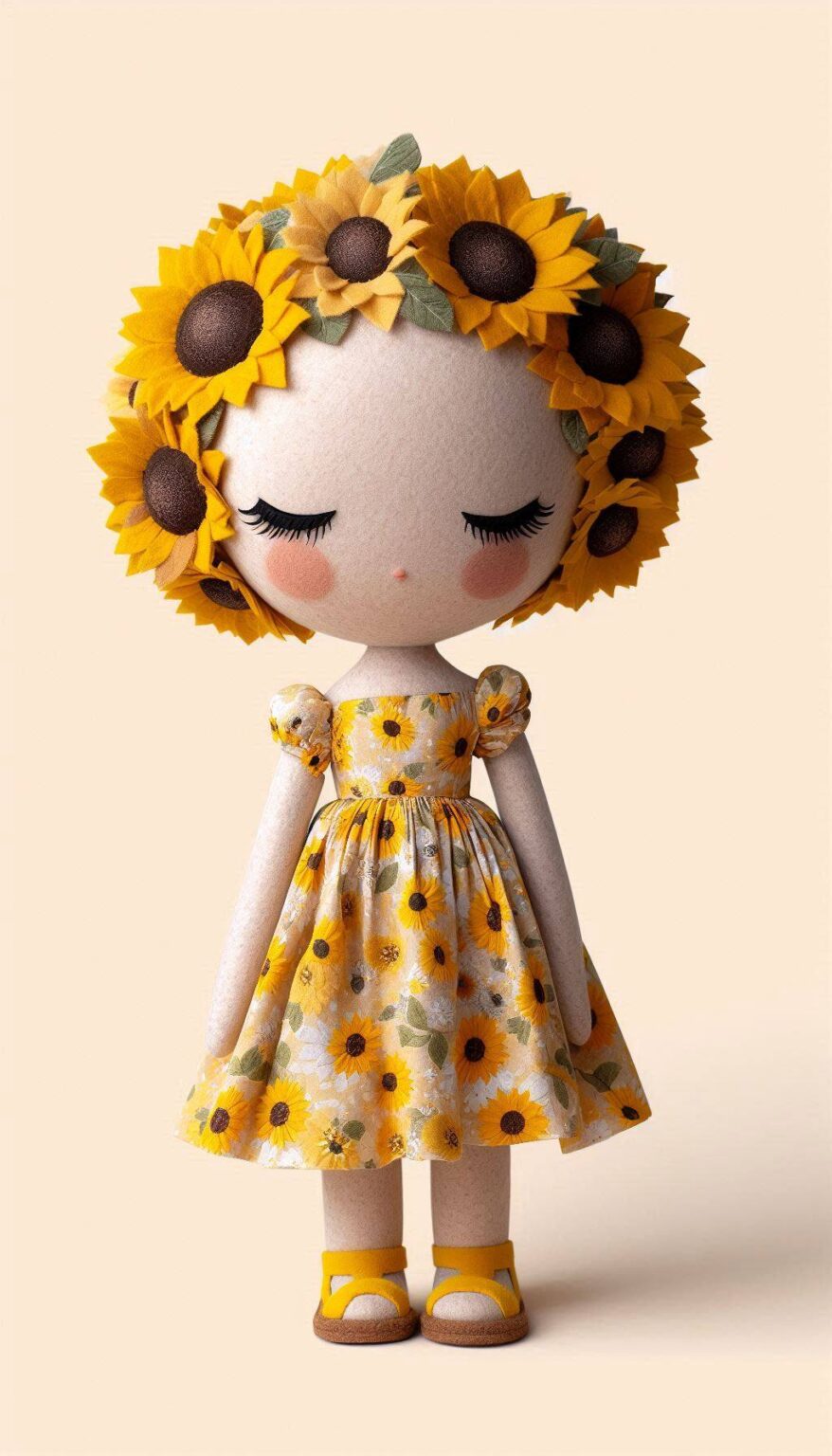 Fabric Doll with Felt Sunflower Head and Rosy Cheeks
