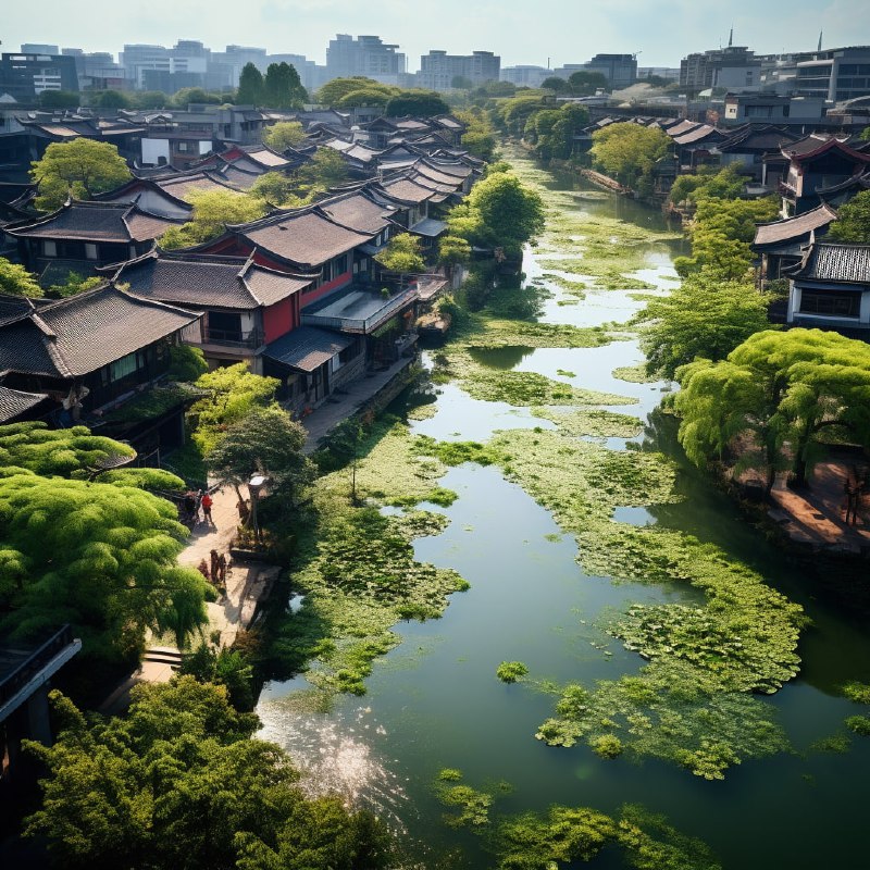 Sunny Suzhou Pond in Vibrant Urban Impressionist Style
