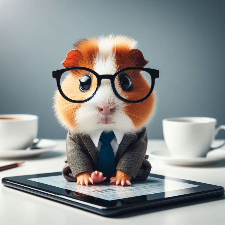 Cute Guinea Pig in Suit and Glasses with Tablet and Coffee