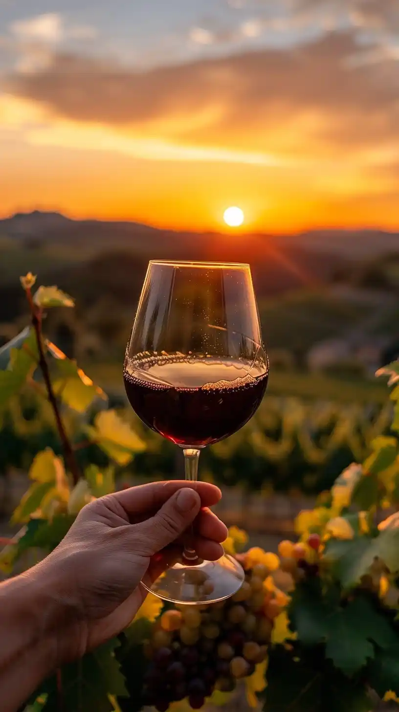 Male Hand Holding Wine Glass at Italian Vineyard Sunset