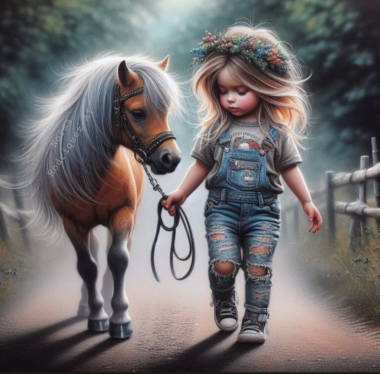 Red-Haired Girl Leading Baby Highland Cow on Country Road