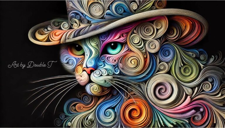 Surreal Female Cat with Swirling Colorful Patterned Face