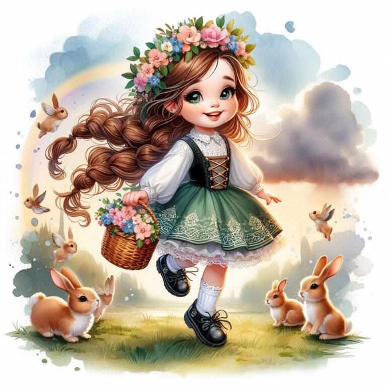 Smiling Irish Toddler with Flower Basket and Park Bunnies