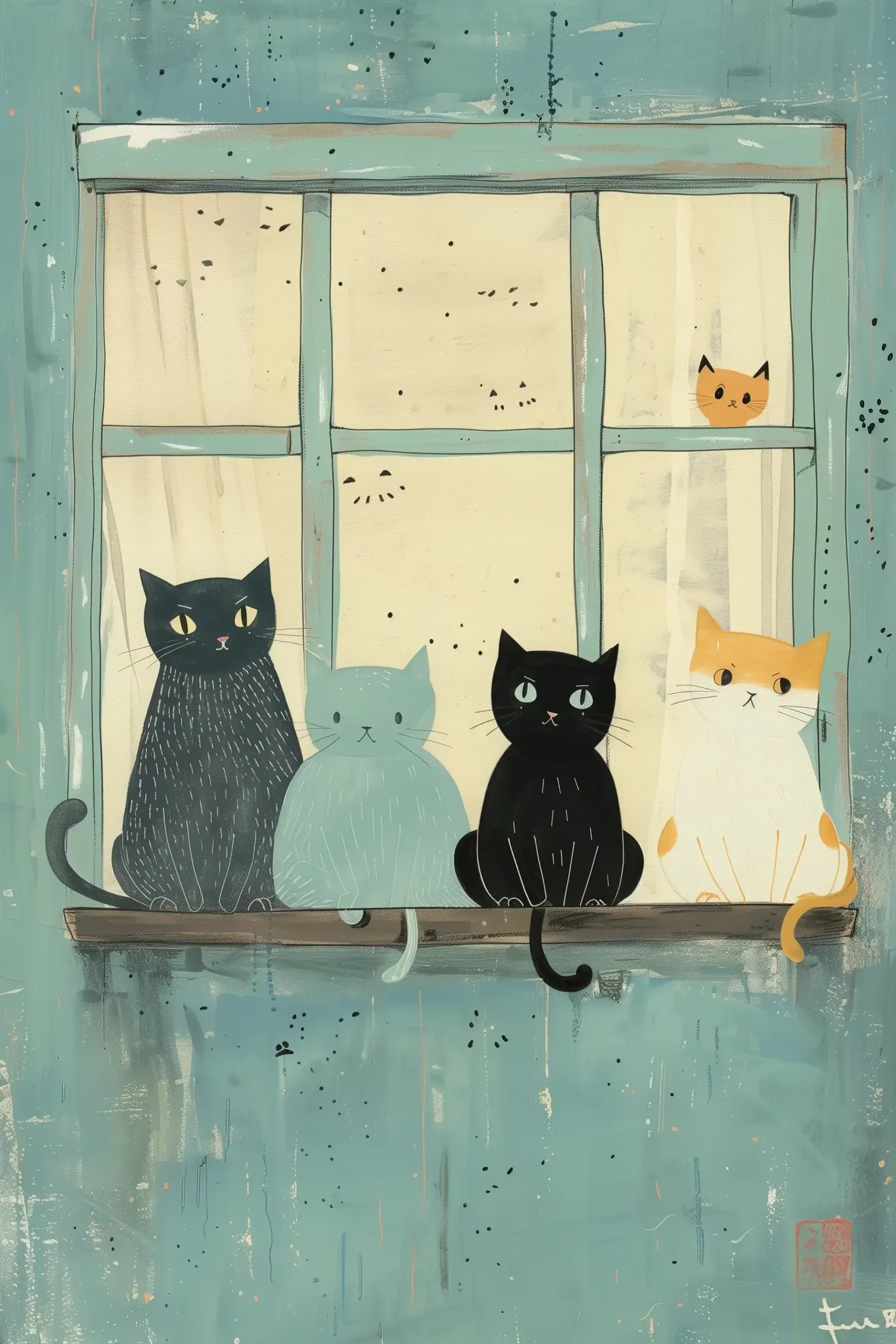 Charming Cat Quartet Stippled Ukiyo-e