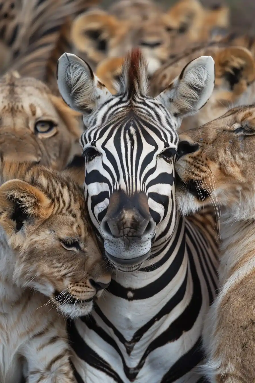 Zebra Portrait with Lions