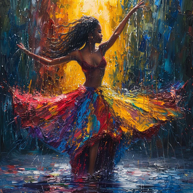 African Woman Dancing in Rainstorm Expressive Oil Painting