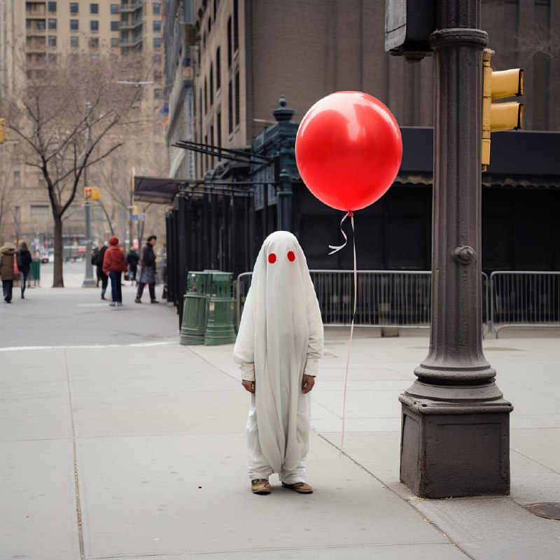 Ghost-Costumed Kid with Square Red Balloon in New York