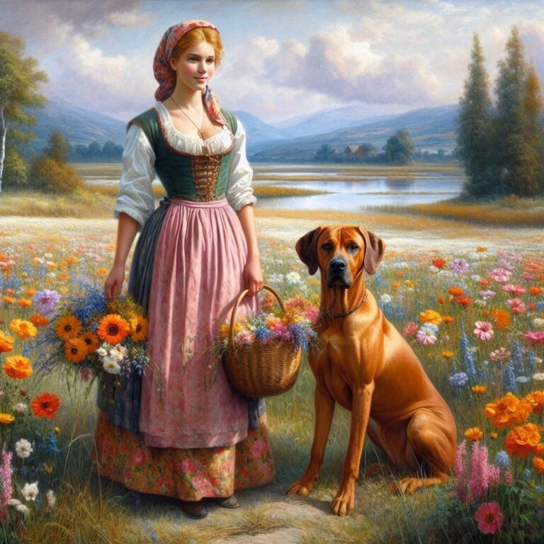 Macchiaioli Peasant Woman in Flower Field with Dog