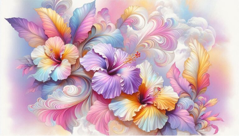 Pink Orange and Lilac Hibiscus on Iridescent Background