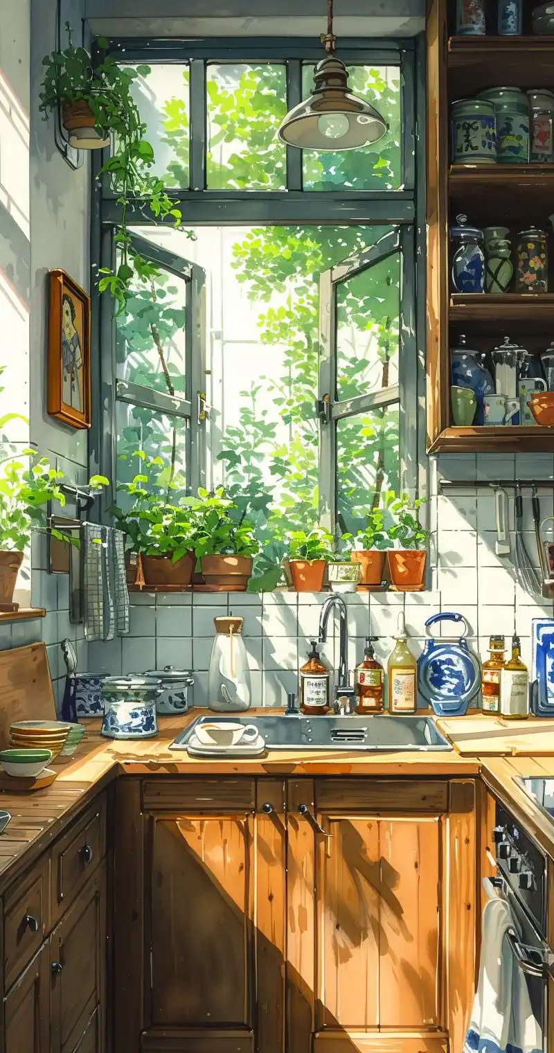White Tile Kitchen Watercolor