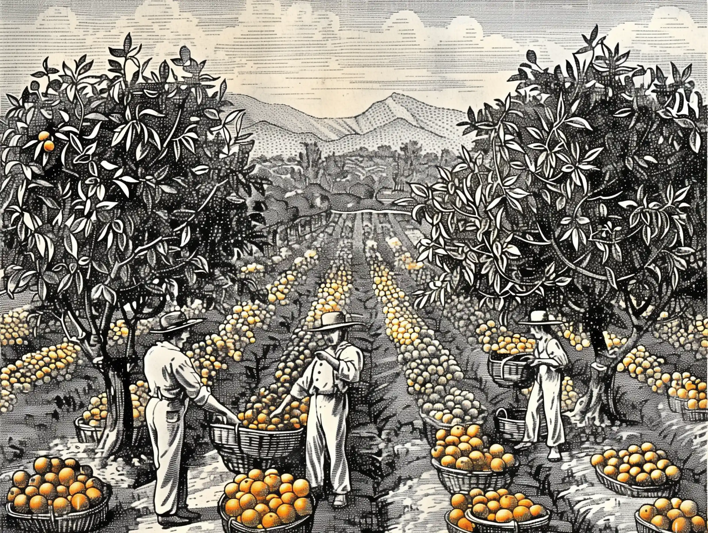 Woodcut Orange Grove Harvest