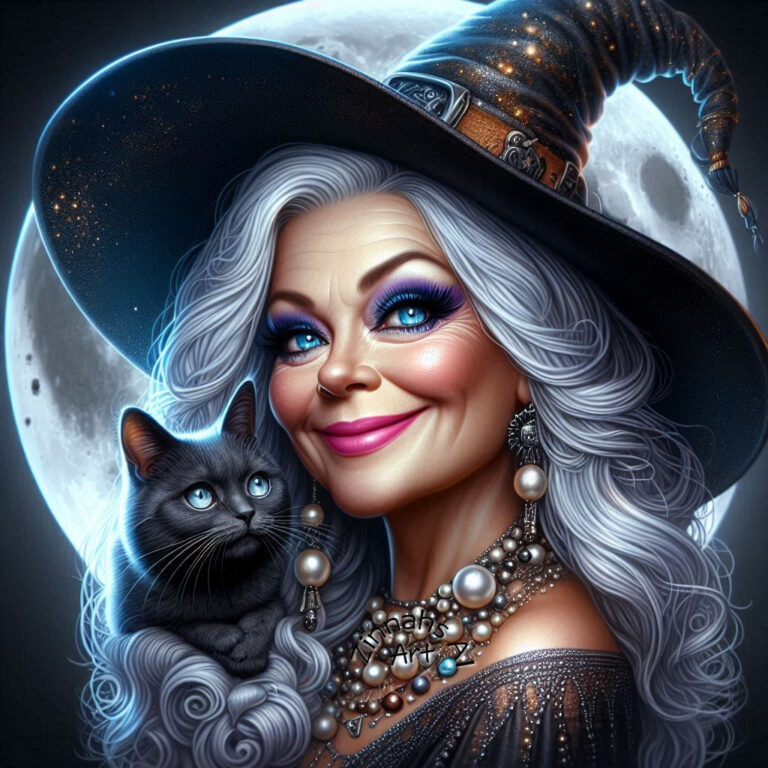 White-Haired Witch Caricature with Midnight Blue Moon