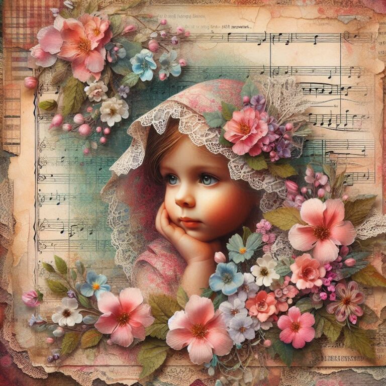 Decoupage Scrapbook Child Portrait with Sheet Music Collage