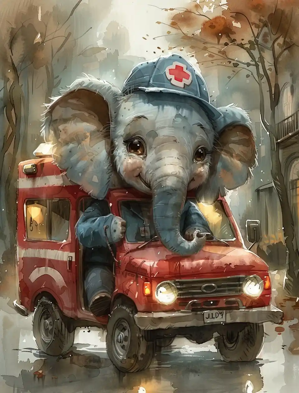 Watercolor Elephant Ambulance