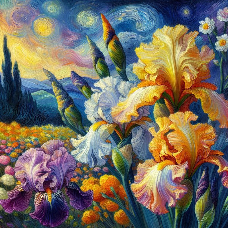 Iris Germanica Oil Painting in Vibrant Van Gogh Style