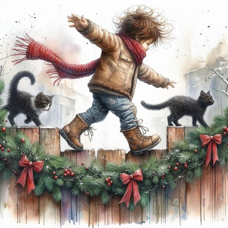Boy Walking on Christmas Fence Balancing