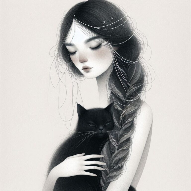 Ethereal Braided Woman Holding Black Cat Illustration
