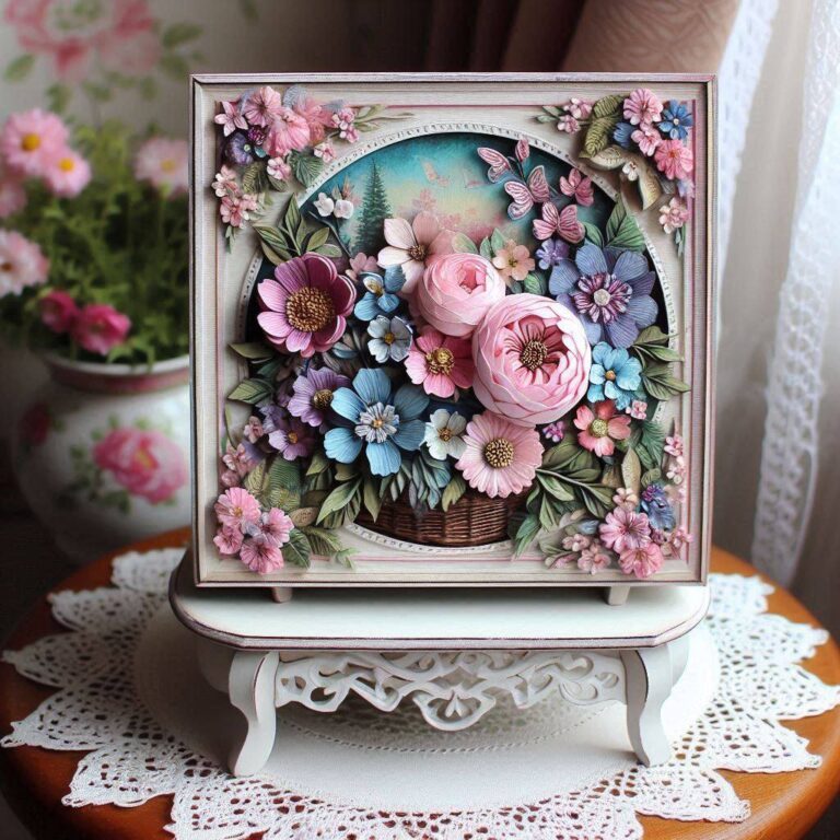 Pink Blue and Purple Flower Decoupage on Lace Table
