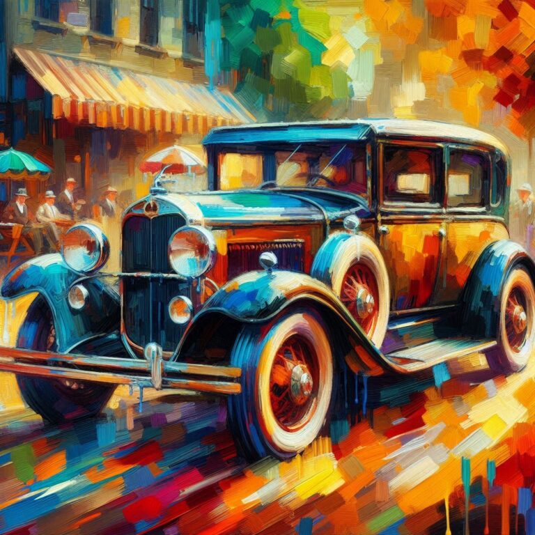 Colorful Impressionist Acrylic Painting of 1930s Car