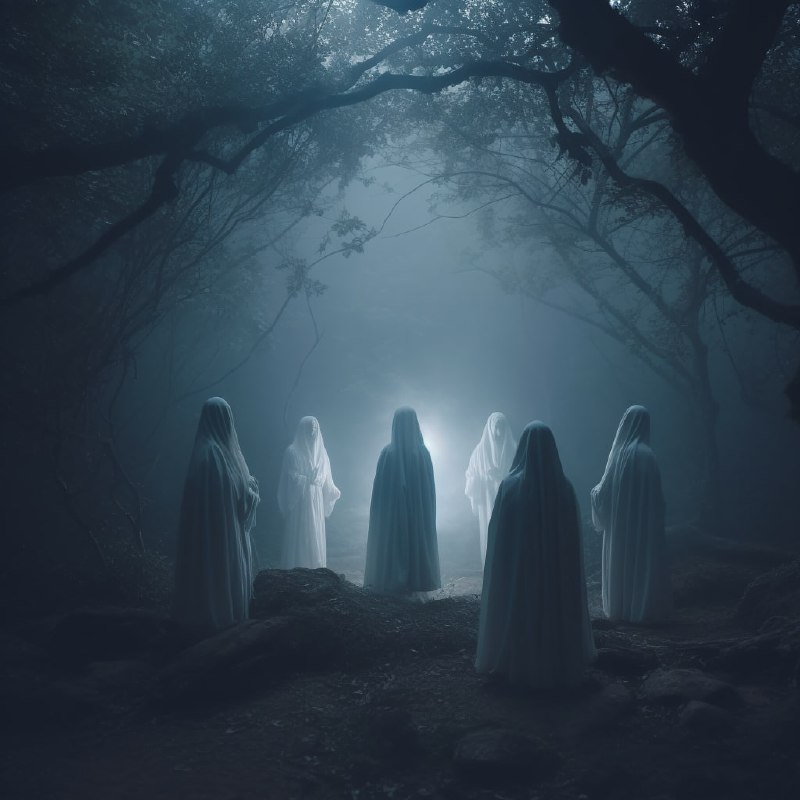 Druid Folk Band in White Robes Singing in Foggy Forest