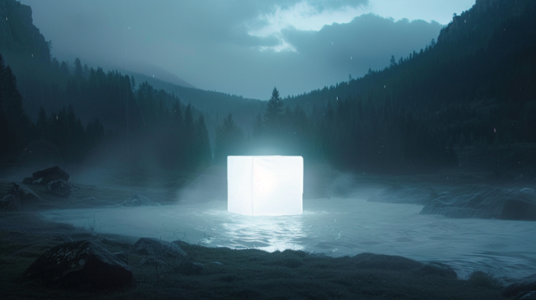 Glowing White Cube Floating over Dark Nordic Landscape