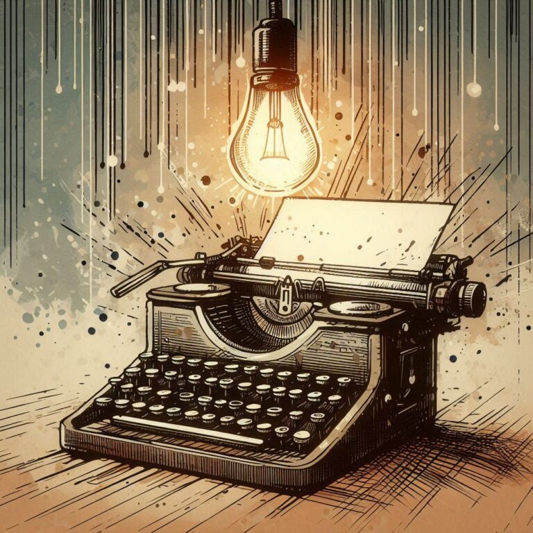Typewriter Under Hanging Bulb in Inked Cel-Shade Style