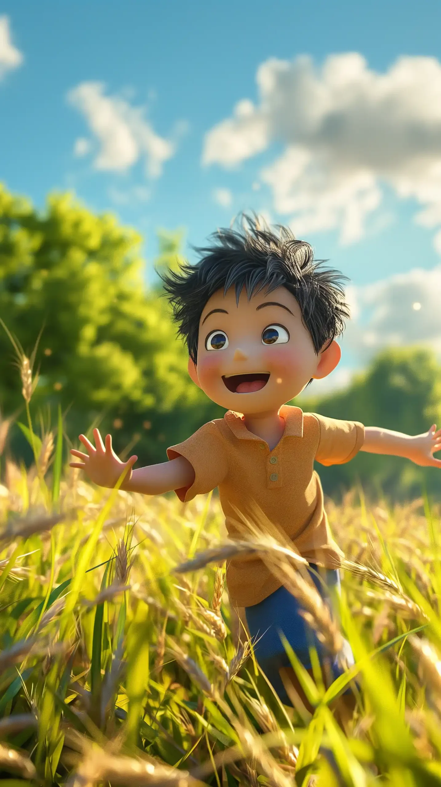 3D Asian Boy in Wheat Field