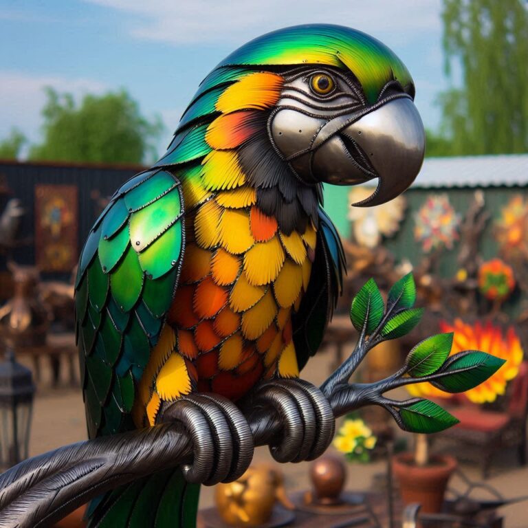Welded Metal Sculpture of Parrot on Tree Branch