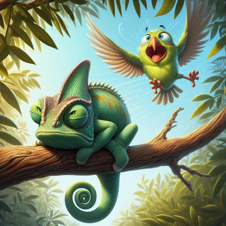 Grumpy Chameleon Disturbed by Bouncing Bird on Branch