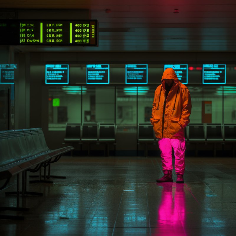 Fluorescent Man Waiting Alone in Closed Airport Terminal