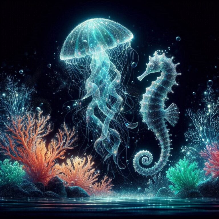 Luminous Jellyfish and Seahorse Dancing in Misty Sea