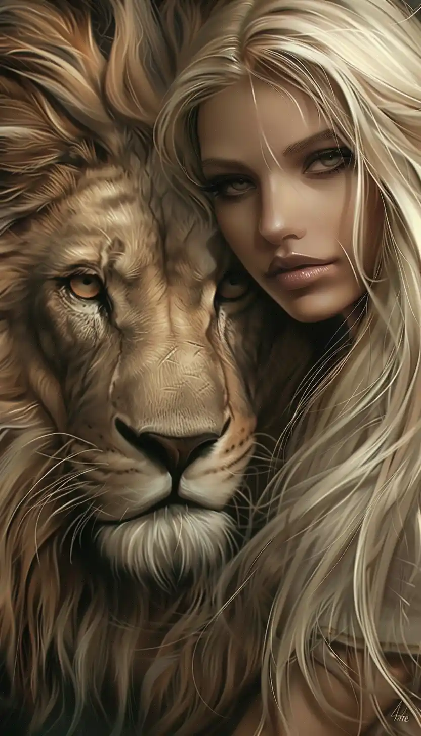 Blonde Woman and Lion Gothic Digital Art