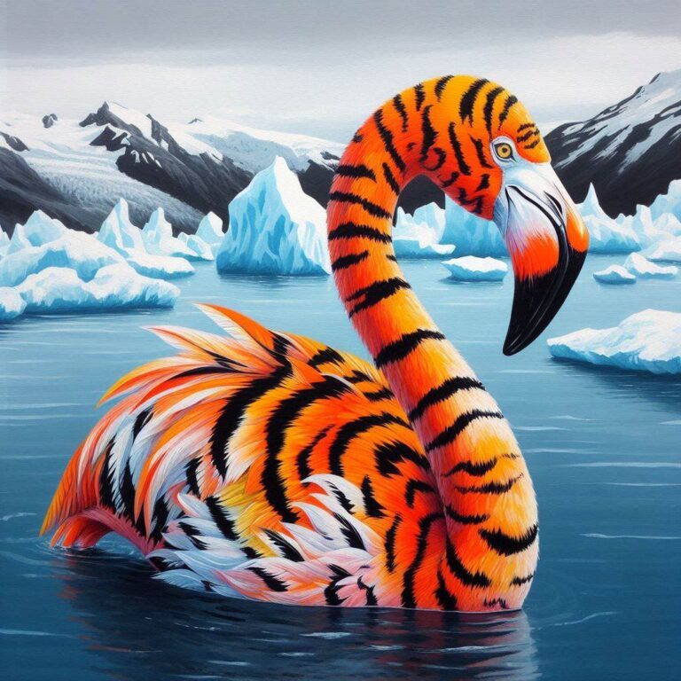 Tiger-Striped Flamingo in Iceberg Lake Acrylic Painting