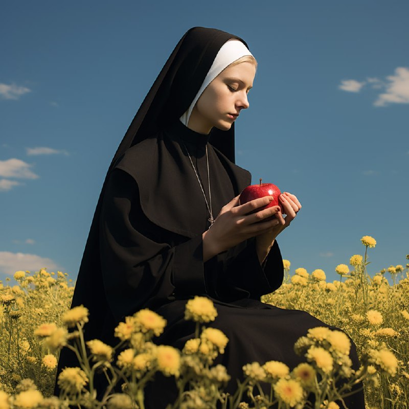 Nun in Shiny Black Eating Apple in Yellow Flower Field