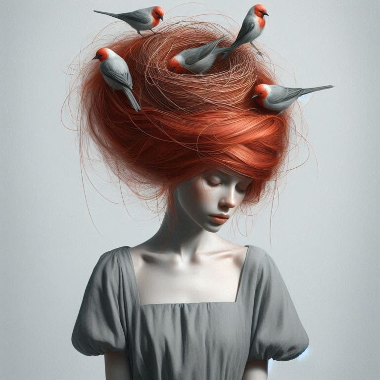 Surreal Red-Haired Girl with Bird Nest Hair and Birds