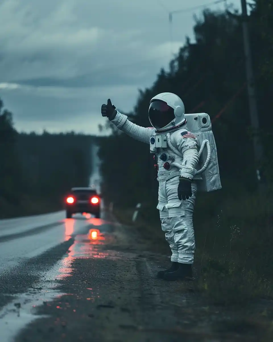 Astronaut Hitchhiker Roadside Candid