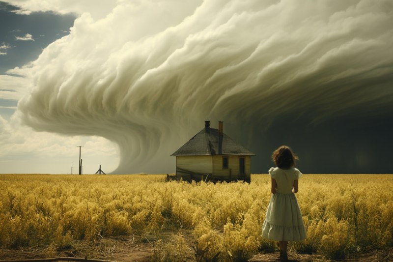 Woman Facing Immense Tornado in Prairiecore Summer Sky