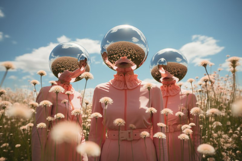 Surreal Figures with Mirrored Backs in Flower Field
