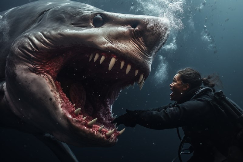 Great White Shark Attacking Diver in Dramatic Red Bubbles