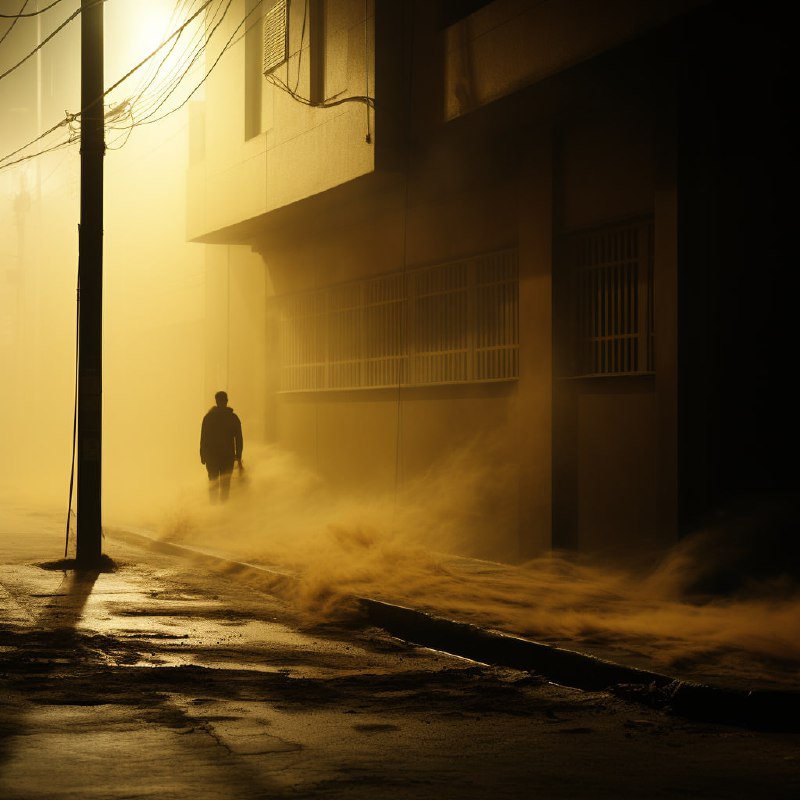 Shadowed Figure in City Dust Storm with Sunrays