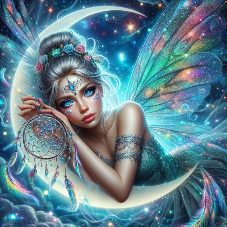 Dream Fairy Sitting in Crescent Moon Under Cosmic Sky