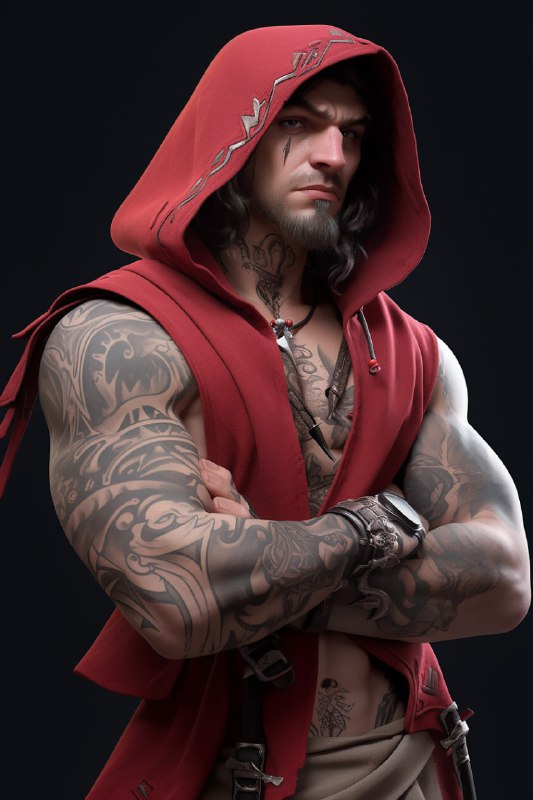 Final Fantasy Style Young Man in Red Hoodie with Tattoos