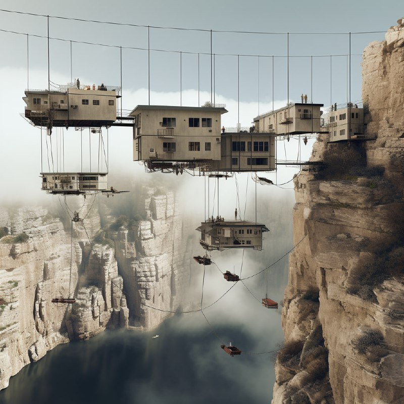 Floating Bauhaus Habitat Suspended Between Cliff Wires