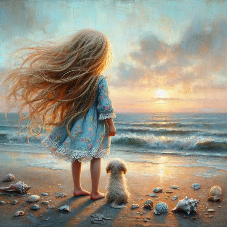 Golden-Haired Girl and Puppy by the Seaside Oil Fantasy