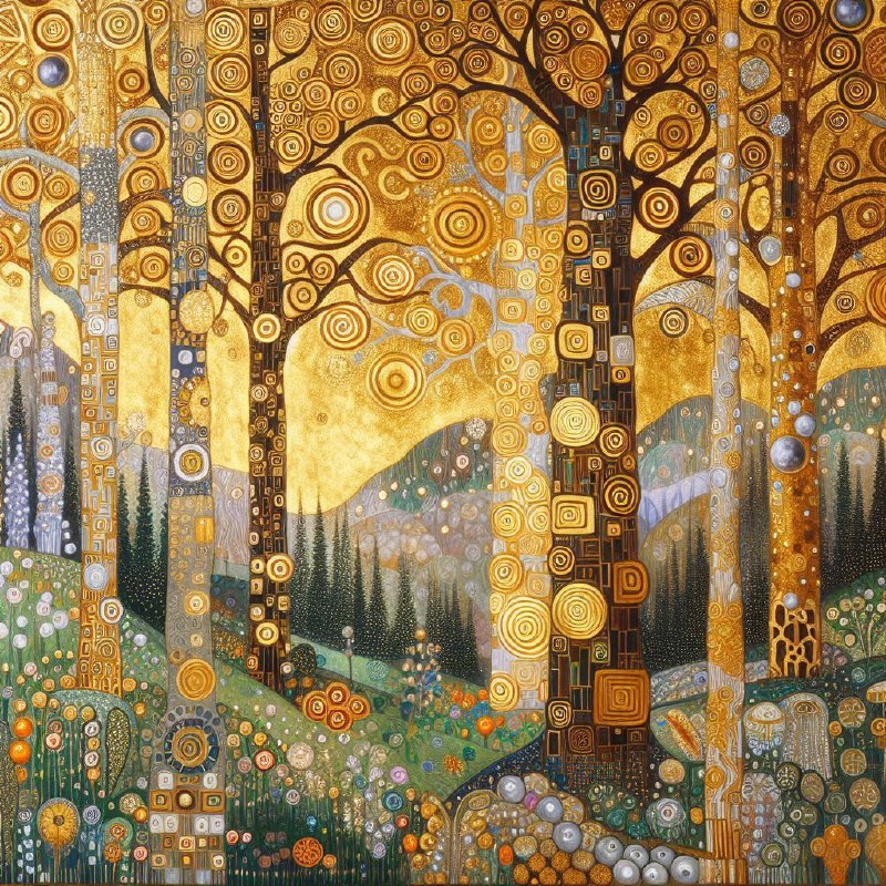 Klimt-Inspired Forest with Gold Leaf Symbolist Patterns