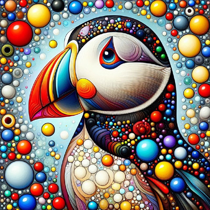 Colorful Puffin in Yayoi Kusama Dot Style Oil Painting