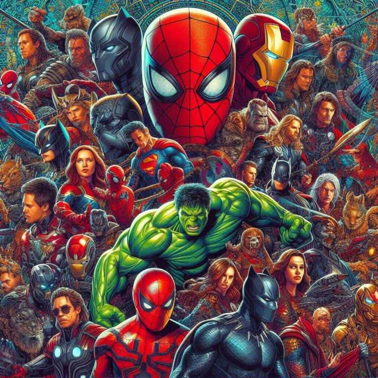 Vibrant Superhero Collage with Spiderman Hulk and Batman