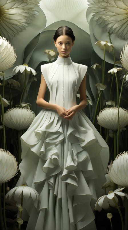 Classical Woman in Lotus Leaf Dress with Zen Tranquility