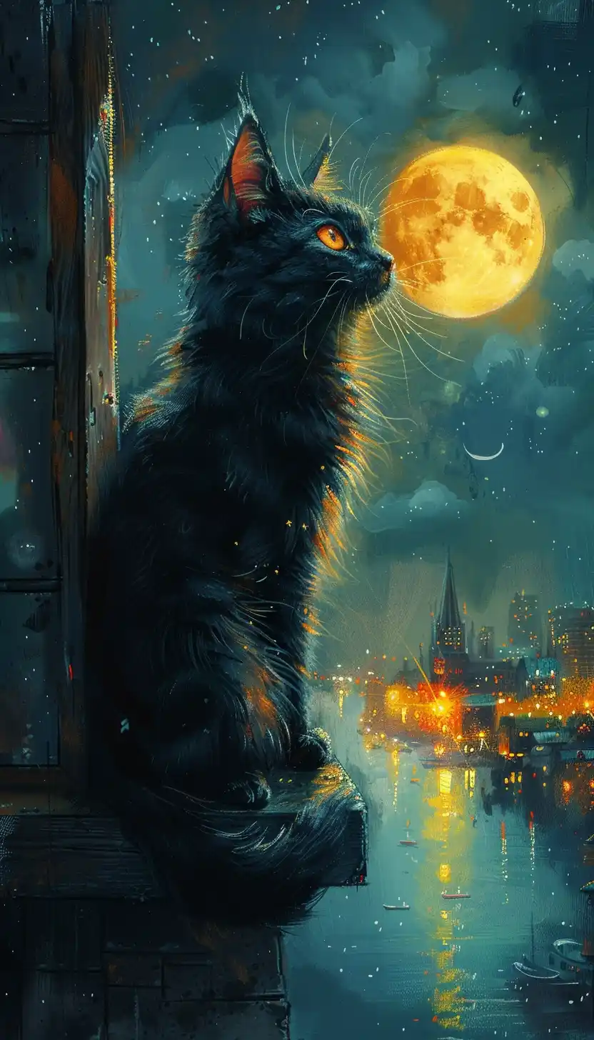 Watercolor Cat Night City